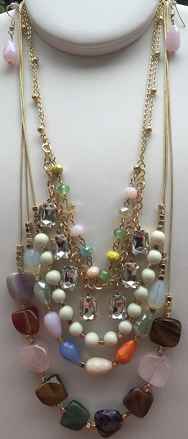 ELITE TREND Designer Style Crystal Jewelry Fashion Gold Colorful Mix of Gemstones/Semi Precious StonesÂ 24-30 Inch Necklace and Earring Set
