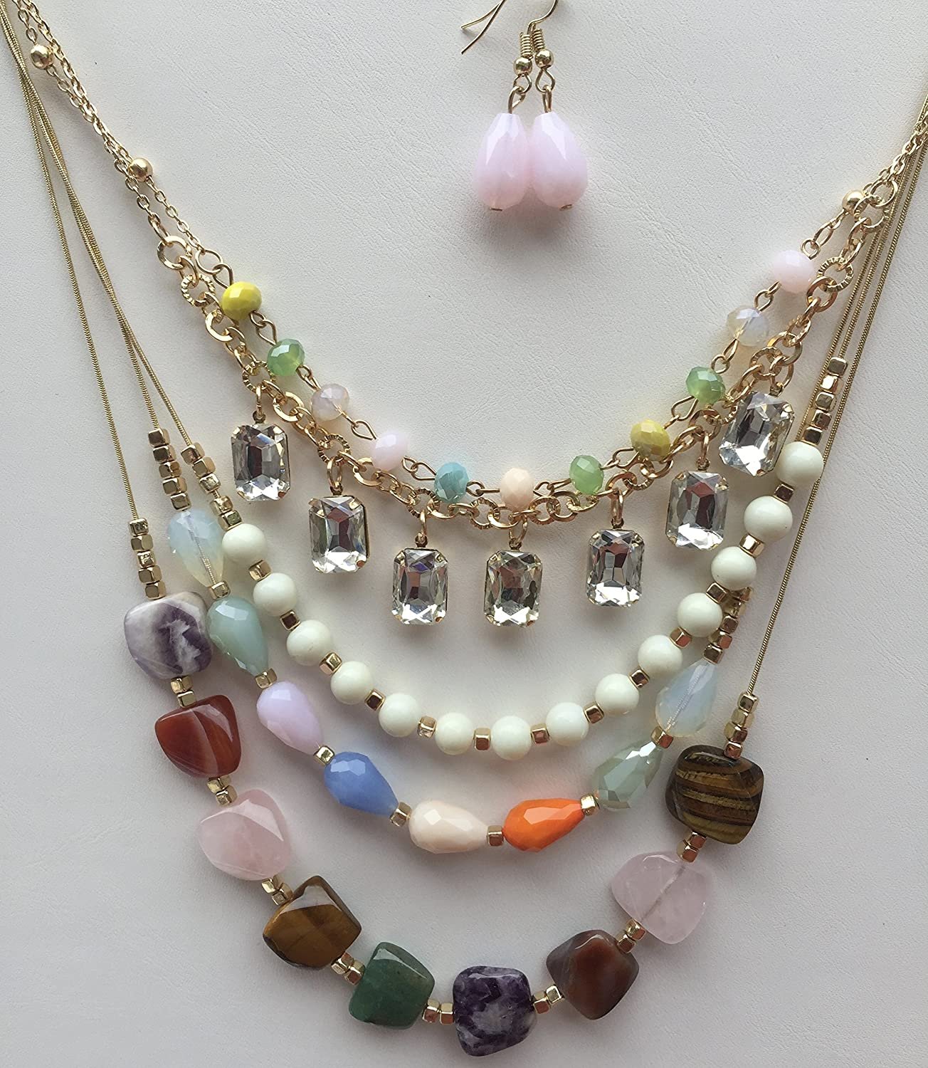ELITE TREND Designer Style Crystal Jewelry Fashion Gold Colorful Mix of Gemstones/Semi Precious StonesÂ 24-30 Inch Necklace and Earring Set