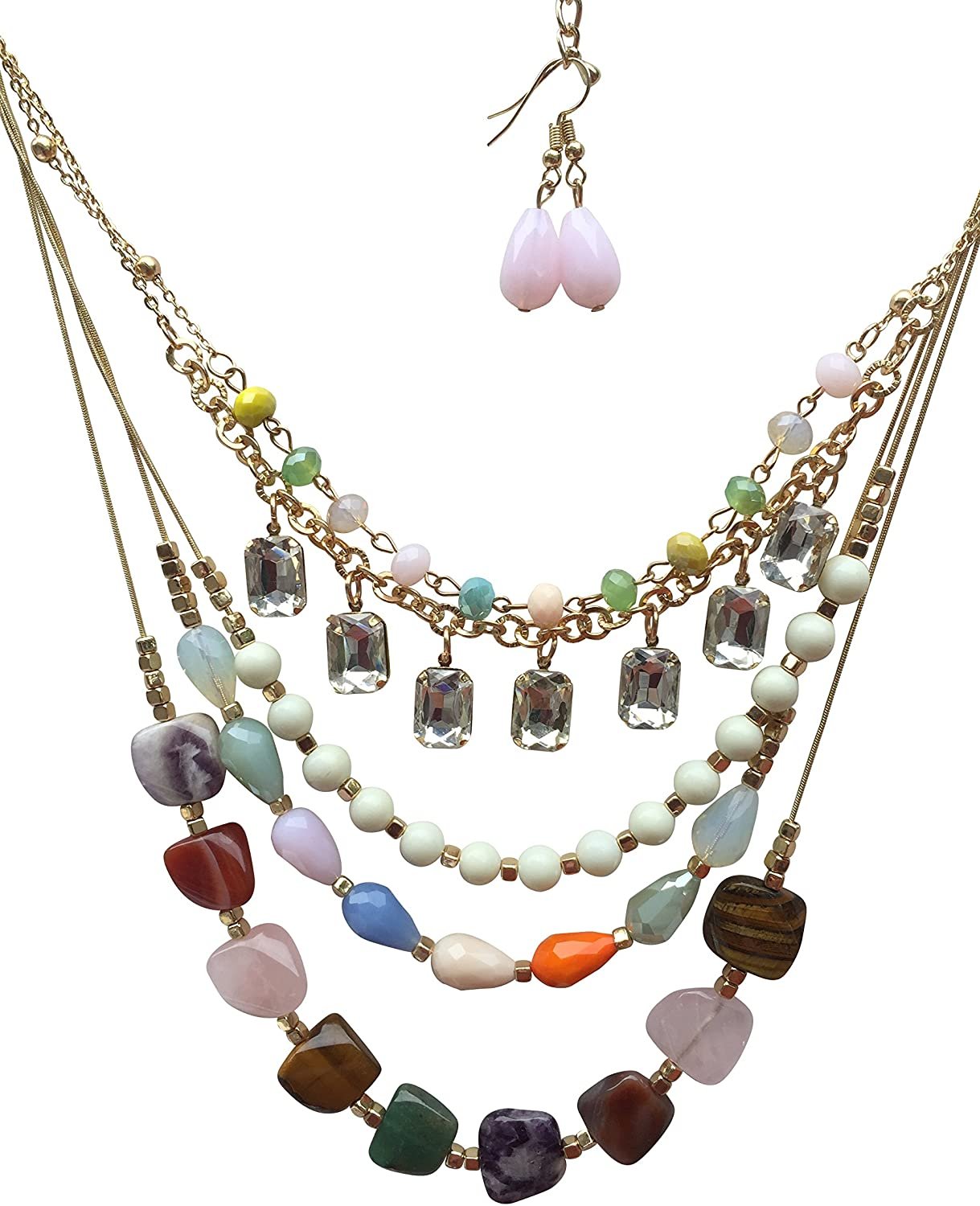 ELITE TREND Designer Style Crystal Jewelry Fashion Gold Colorful Mix of Gemstones/Semi Precious StonesÂ 24-30 Inch Necklace and Earring Set