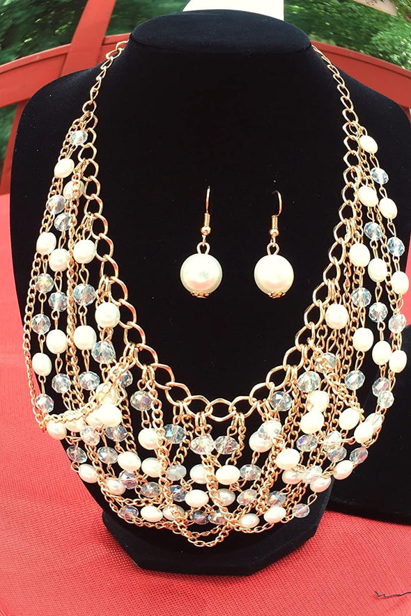 ELITE TREND Designer Jewelry Fashion Gold Plated Faux Pearls 20-22 Inch Necklace and Earring Set